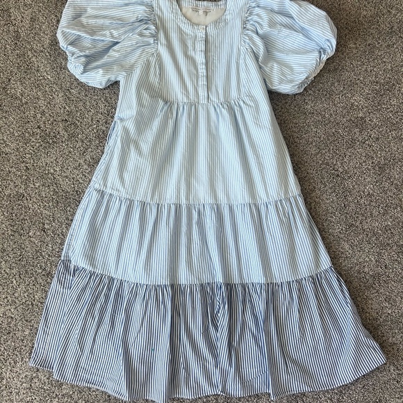 English Factory Puff Sleeve Round Neckline Midi Stripes Tiered Blue Dress Size S - Picture 7 of 15